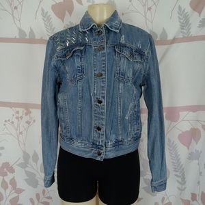 Forever21 premium denim Spike shoulder back distressed Jean jacket size Small